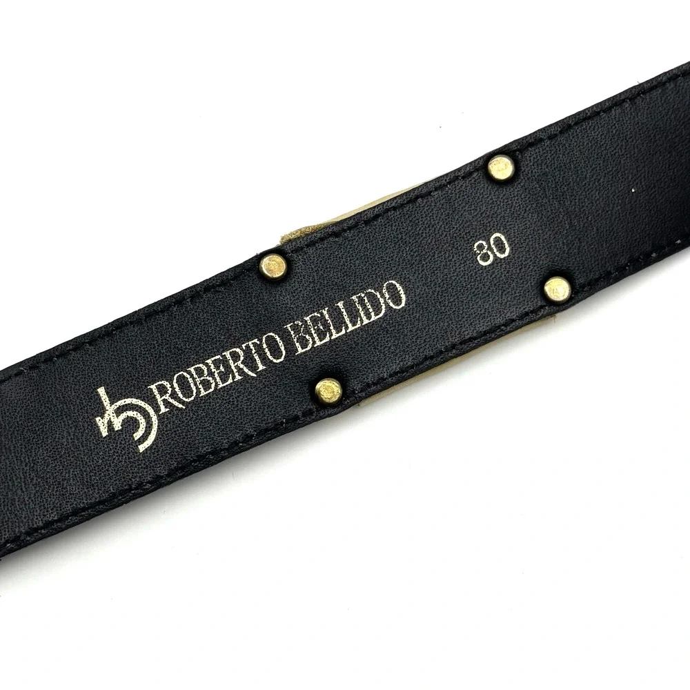 1980s Roberto Bellido Navy & Cream Genuine Leather Gold Studs Waist Belt 29-31
